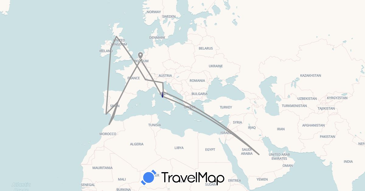 TravelMap itinerary: driving, plane in Belgium, Switzerland, Spain, United Kingdom, Gibraltar, Ireland, Italy, Morocco, Portugal, Saudi Arabia (Africa, Asia, Europe)